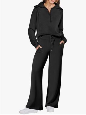 Relaxed Wide-Leg Drawstring Pants and 1/4 Zip Oversized Collar Sweatshirt | S
